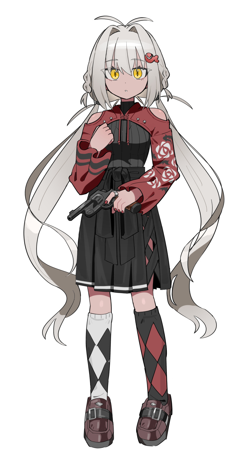 1girl, absurdres, antenna_hair, argyle_clothes, argyle_socks, asymmetrical_legwear, black_footwear, black_sash