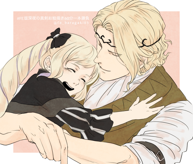 1boy, black_bow, blonde_hair, bow, brother_and_sister, elise_(fire_emblem), fe_baragaki05, fire_emblem