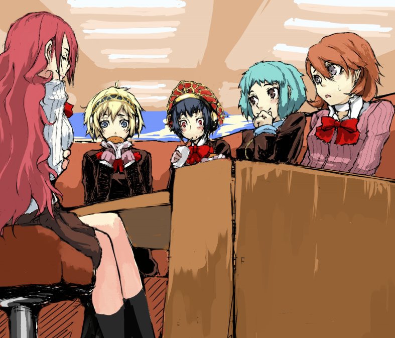 bad_id, blush, cafe, eating, everyone, food, kirijou_mitsuru, lefty10, metis, persona, persona_3, persona_3_portable, smile, takeba_yukari, yamagishi_fuuka