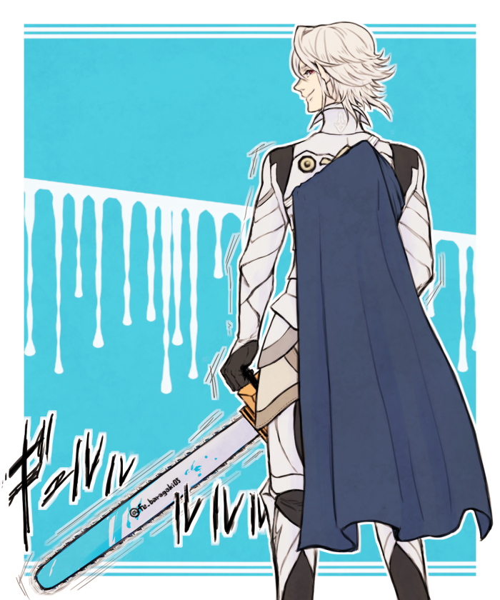 1boy, blue_cape, cape, chainsaw, corrin_(fire_emblem), corrin_(male)_(fire_emblem), fe_baragaki05, fire_emblem