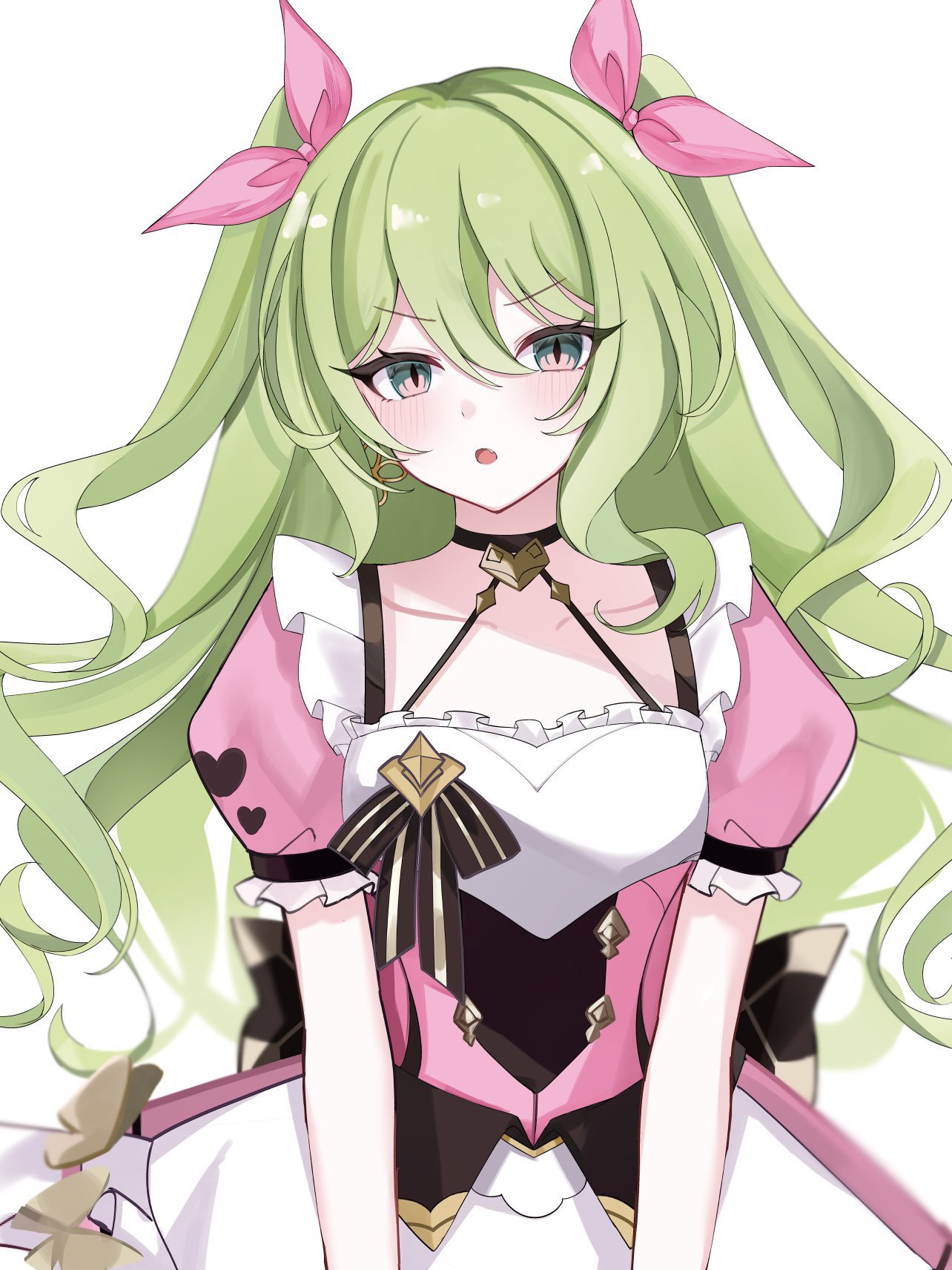 1girl, :o, apron, blush, bow, commentary_request, dress, earrings, green_eyes, hair_bow, highres, honkai_(series), honkai_impact_3rd, jewelry, long_hair, maid, maid_apron, mobius_(honkai_impact), mobius_(mobius_dressing)_(honkai_impact), official_alternate_costume, pink_bow, pink_dress, puffy_short_sleeves, puffy_sleeves, short_sleeves, simple_background, snake, solo, tdatnst, twintails, two_side_up, upper_body, white_apron, white_background