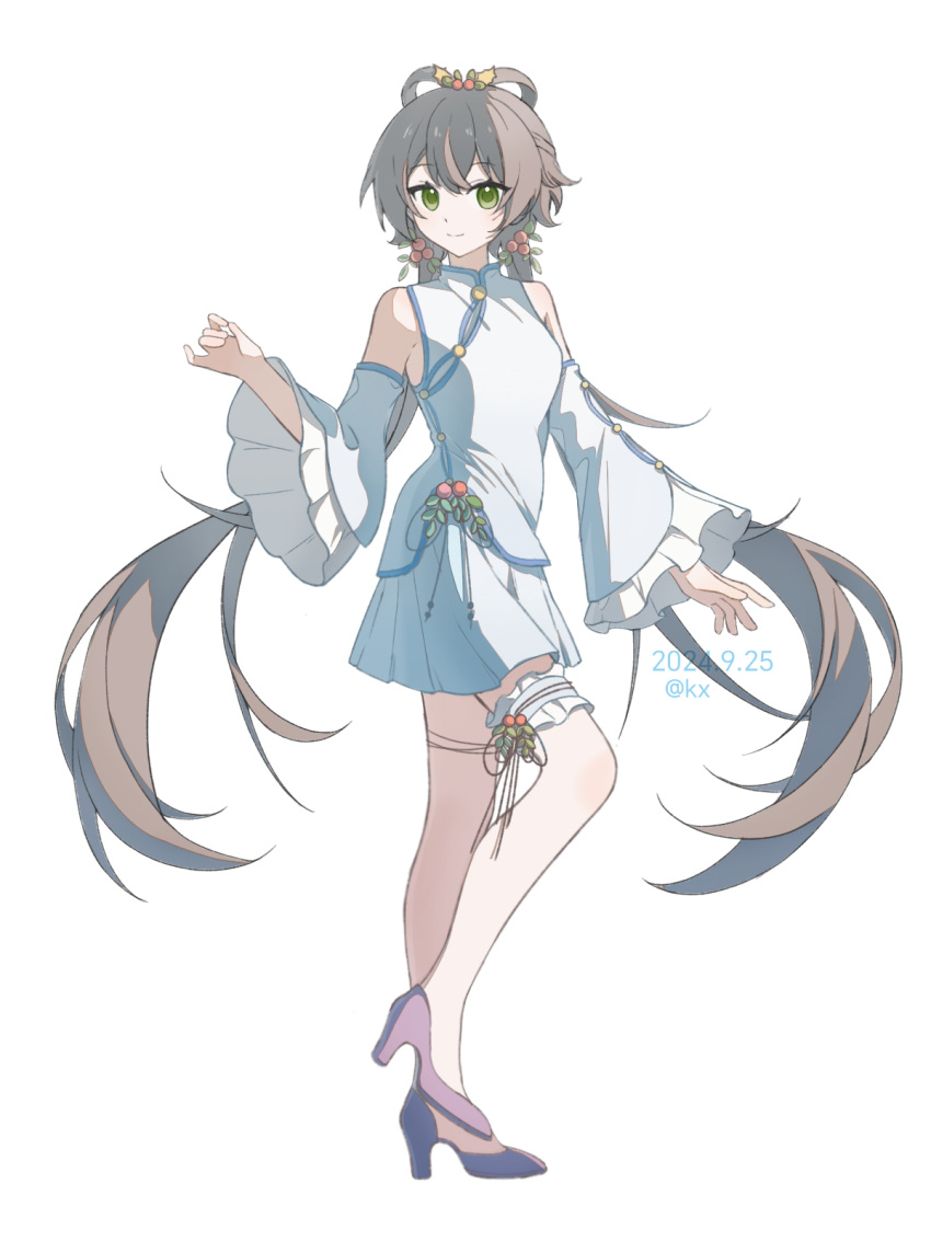 1girl, bad_source, bare_shoulders, blue_dress, chinese_clothes, closed_mouth, dated, detached_sleeves, dress, earrings, flower, frilled_sleeves, frills, full_body, green_eyes, grey_hair, hair_ornament, hair_rings, hand_up, high_heels, highres, jewelry, long_hair, long_sleeves, looking_at_viewer, low_twintails, purple_footwear, republic_of_china_school_uniform, school_uniform, simple_background, sleeveless, sleeveless_dress, smile, solo, standing, thigh_strap, twintails, very_long_hair, white_background, white_dress, white_sleeves, wide_sleeves