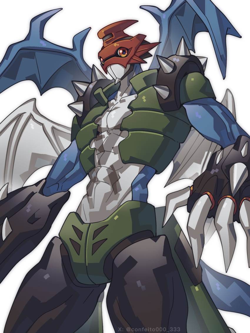 blue_skin, blue_wings, colored_skin, confeito000_333, cowboy_shot, digimon, digimon_(creature), green_vest