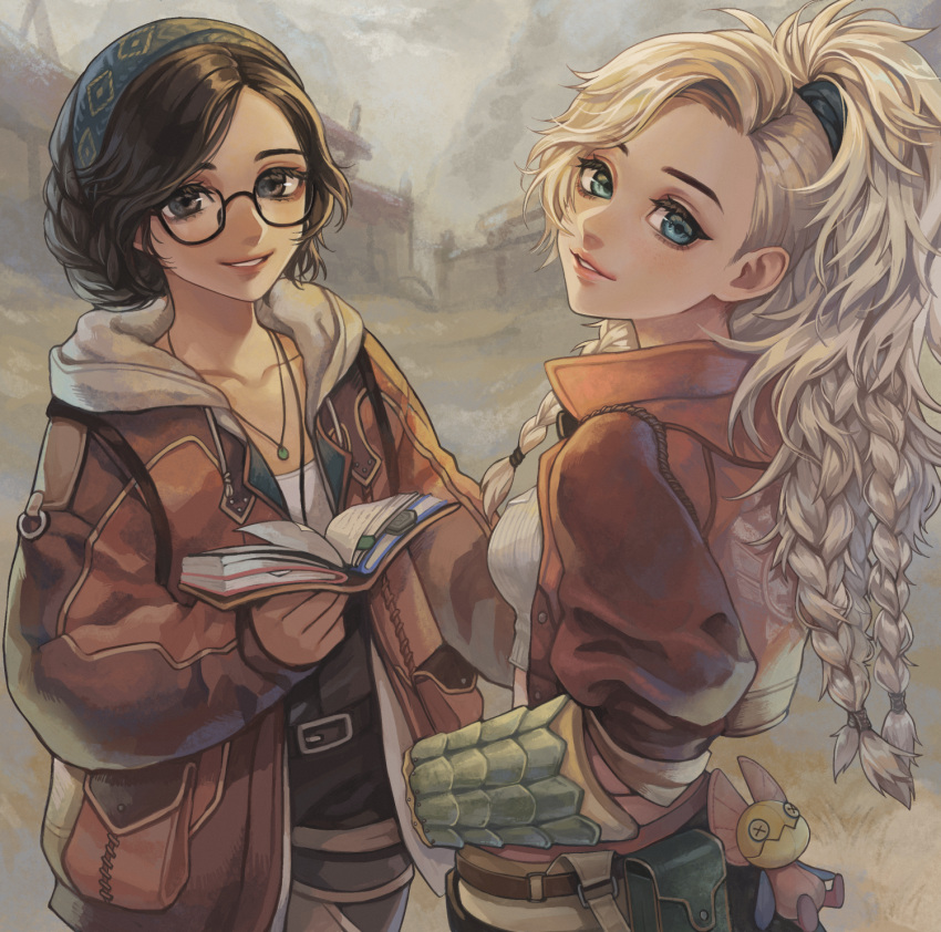 2girls, alma_(monster_hunter_wilds), black-framed_eyewear, black_eyes, blonde_hair, braid, brown_jacket, commentary_request