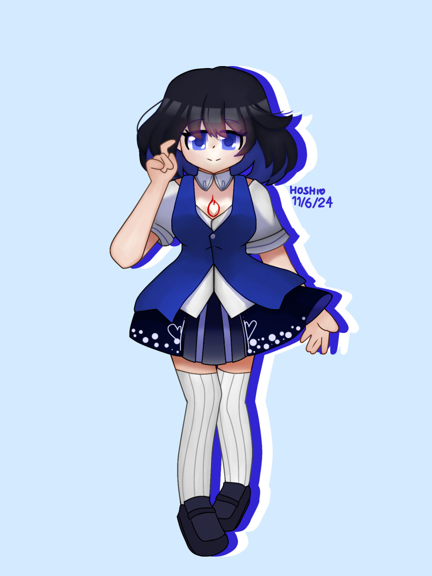 1girl, black_hair, blue_eyes, blue_hair, closed_mouth, colored_inner_hair, dress, full_body, hair_between_eyes, highres, honkai_(series), honkai_impact_3rd, looking_at_viewer, maido_(lilym4ido), multicolored_hair, poorly_drawn, seele_vollerei, self-upload, shirt, short_hair, simple_background, smile, solo