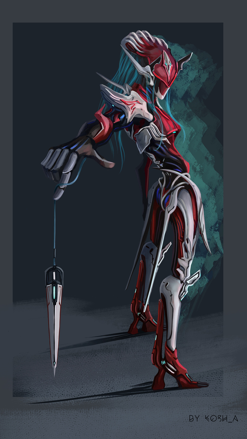 1girl, artist_name, from_side, highres, holding, holding_weapon, official_alternate_costume, parazon_(warframe)