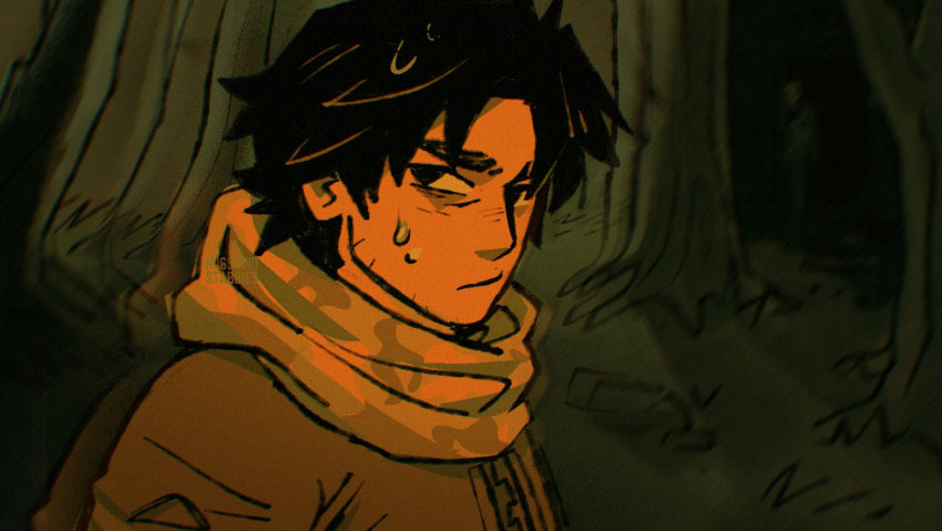 1boy, beard_stubble, black_hair, brown_jacket, closed_mouth, commentary, dead_by_daylight, english_commentary