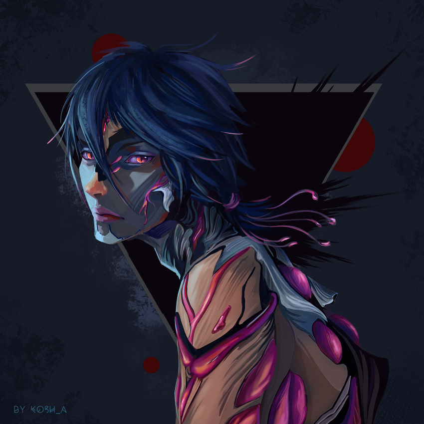 1boy, artist_name, blue_hair, from_side, highres, infested_(warframe), looking_at_viewer, shiro_kosh_a