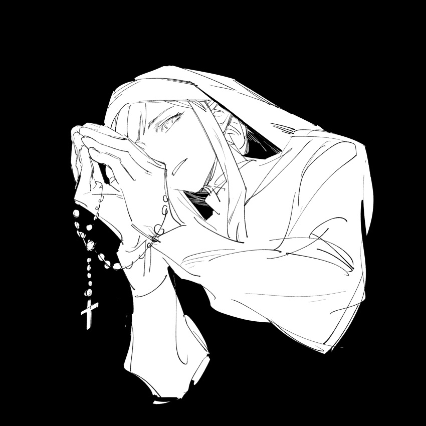 1girl, bang_dream!, bang_dream!_it's_mygo!!!!!, chinese_commentary, commentary_request, greyscale, highres, holding_rosary