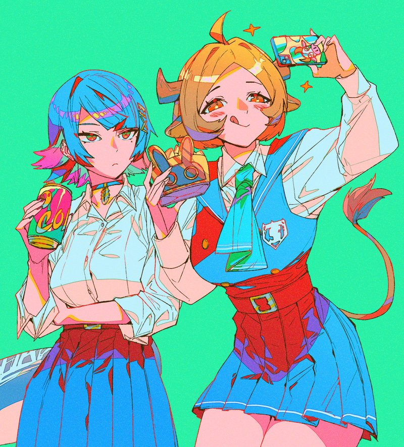 2girls, :q, ahoge, animal_ears, aqua_background, belt, belt_buckle, black_belt