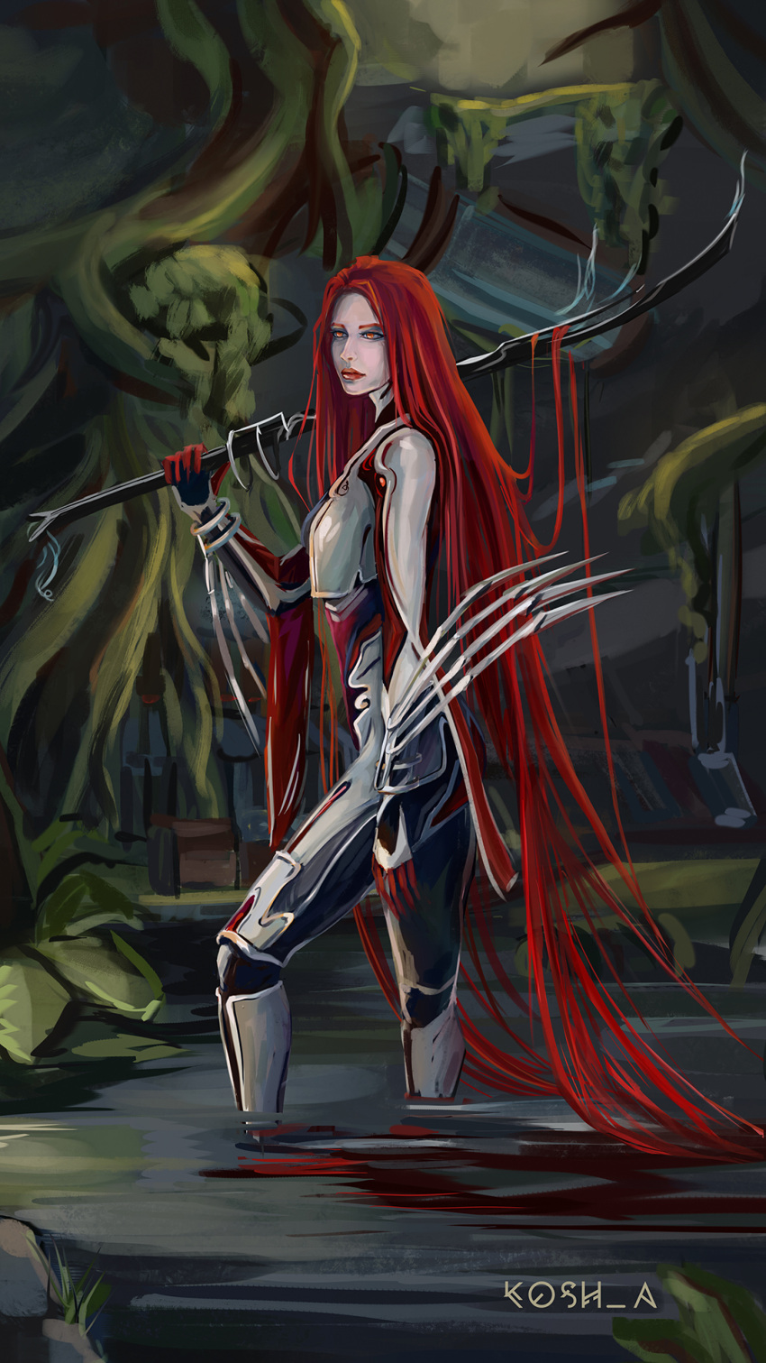 1girl, arm_blade, artist_name, from_side, garuda_(warframe), highres, holding, holding_weapon, humanization, long_hair, looking_at_viewer, redhead, shiro_kosh_a, solo, tatsu_(warframe), very_long_hair, wading, warframe, water, weapon, yellow_eyes