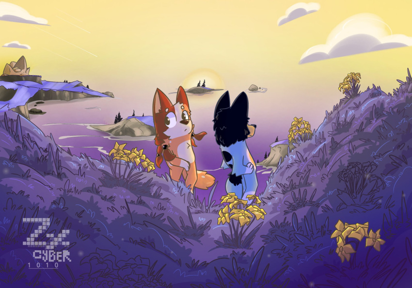 1boy, 1girl, artist_logo, bandit_heeler, bluey, chilli_heeler, flower, furry, highres, iris_(flower), lake, logo, looking_at_viewer, outdoors, sunset, tree, yellow_flower, zxcyber1010