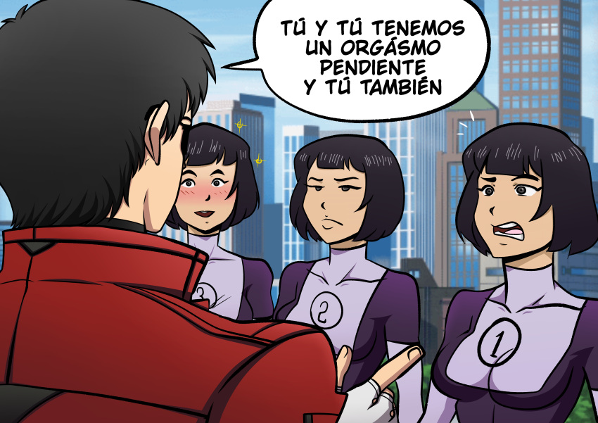 1boy, 1girl, black_hair, blood_rivals, blush, bob_cut, chris_hollway, city