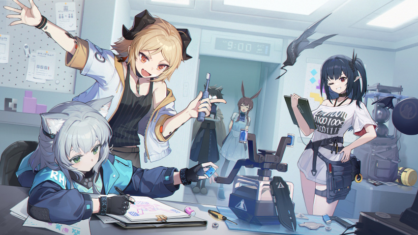 5girls, :d, amiya_(arknights), animal_ears, arknights, bird_ears, bird_girl, black_gloves