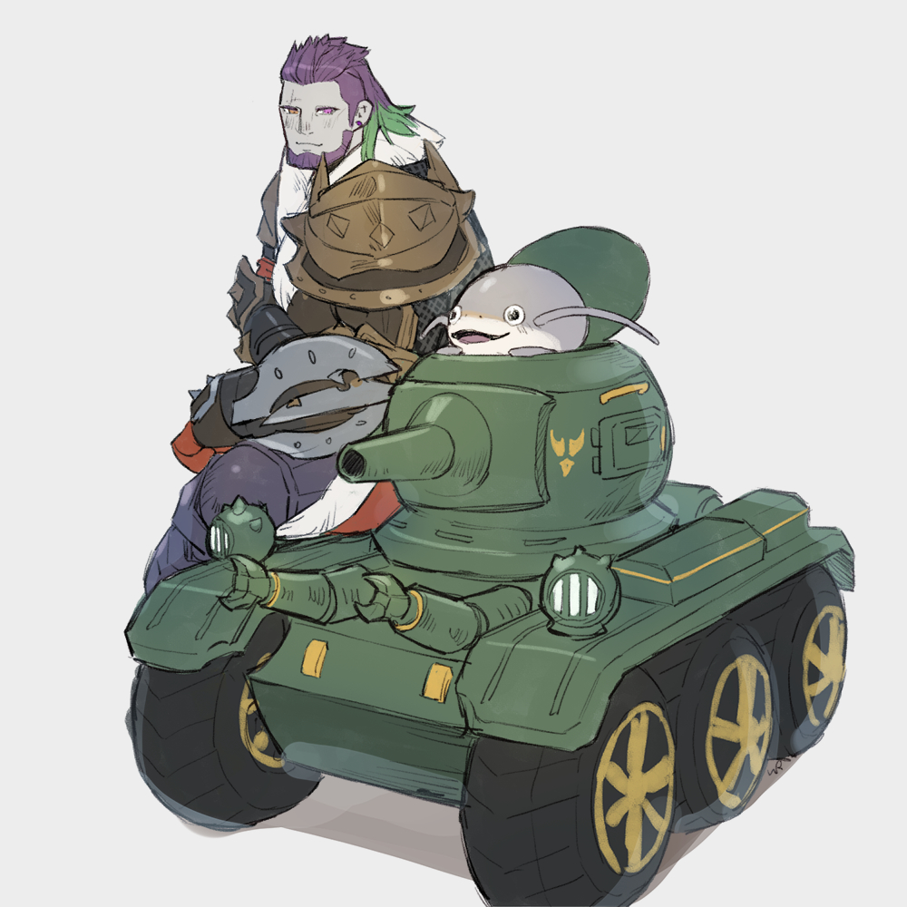 1boy, 1other, armor, black_eyes, catfish, colored_tips, final_fantasy, final_fantasy_xiv