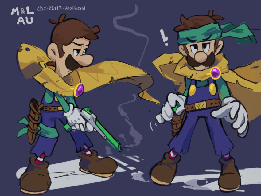 1boy, bandana, belt, blue_overalls, brown_hair, cape, facial_hair, gloves
