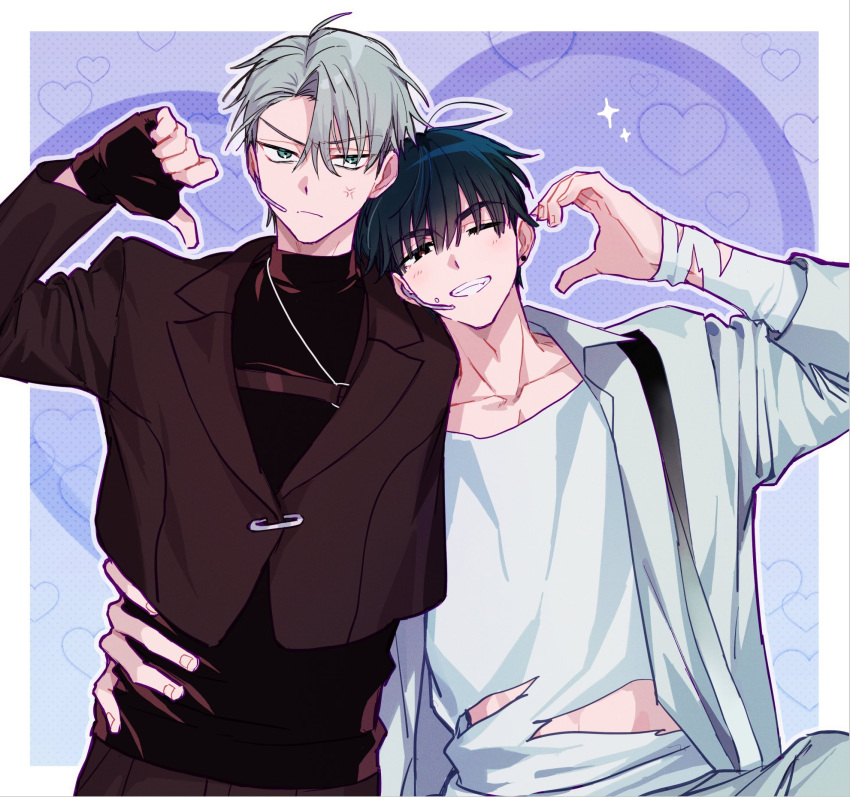 2boys, alien_stage, anger_vein, arm_around_waist, black_eyes, black_hair, black_jacket, commentary, fingerless_gloves, frown, gloves, green_eyes, grey_hair, hashtag-only_commentary, headset, heart_hands_failure, highres, ivan_(alien_stage), jacket, long_sleeves, microphone, multiple_boys, namunamu629, one_eye_closed, prototype_design, purple_background, red_gloves, red_pupils, red_shirt, shirt, short_hair, smile, thumbs_down, till_(alien_stage), torn_clothes, torn_shirt, turtleneck, turtleneck_shirt, very_short_hair, white_jacket, white_shirt