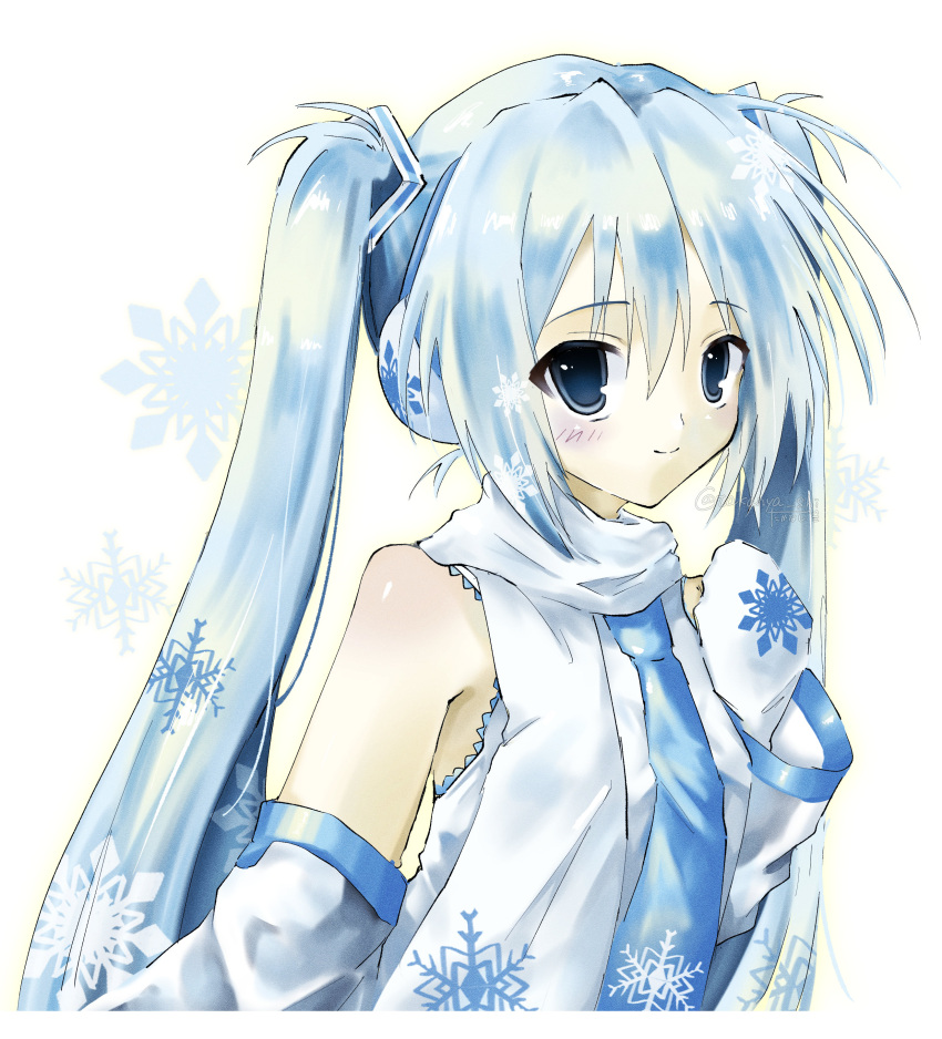 1girl, 2000s_(style), absurdres, blue_eyes, blue_hair, detached_sleeves, earmuffs, hatsune_miku, highres, long_hair, looking_at_viewer, mittens, patterned_hair, scarf, shirt, sleeveless, sleeveless_shirt, smile, snowflake_print, snowflakes, solo, takanashi_(takanya_shi), twintails, vocaloid, white_mittens, white_scarf, white_shirt, yuki_miku, yuki_miku_(2011)