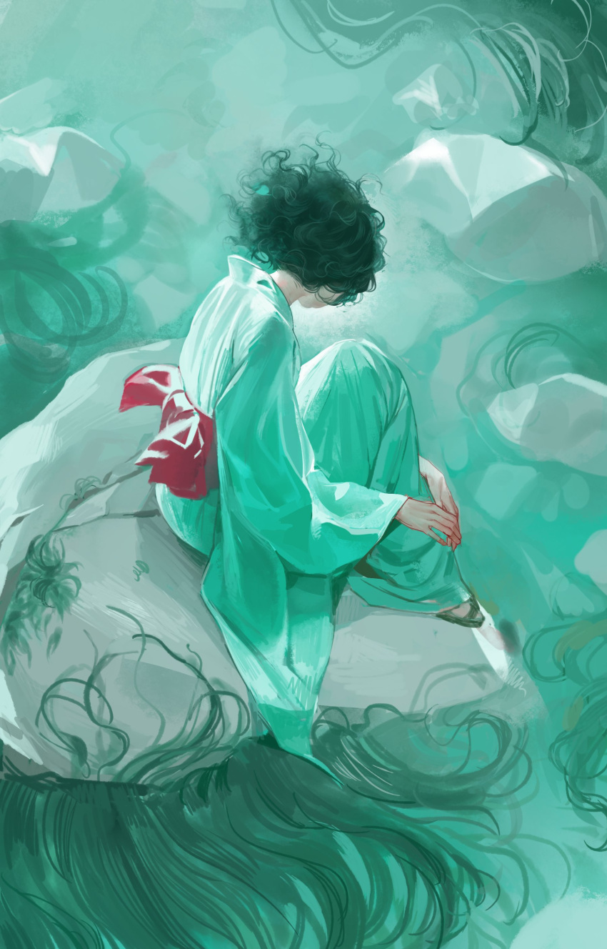 1girl, absurdres, black_hair, from_behind, golden_kamuy, green_footwear, green_kimono, highres