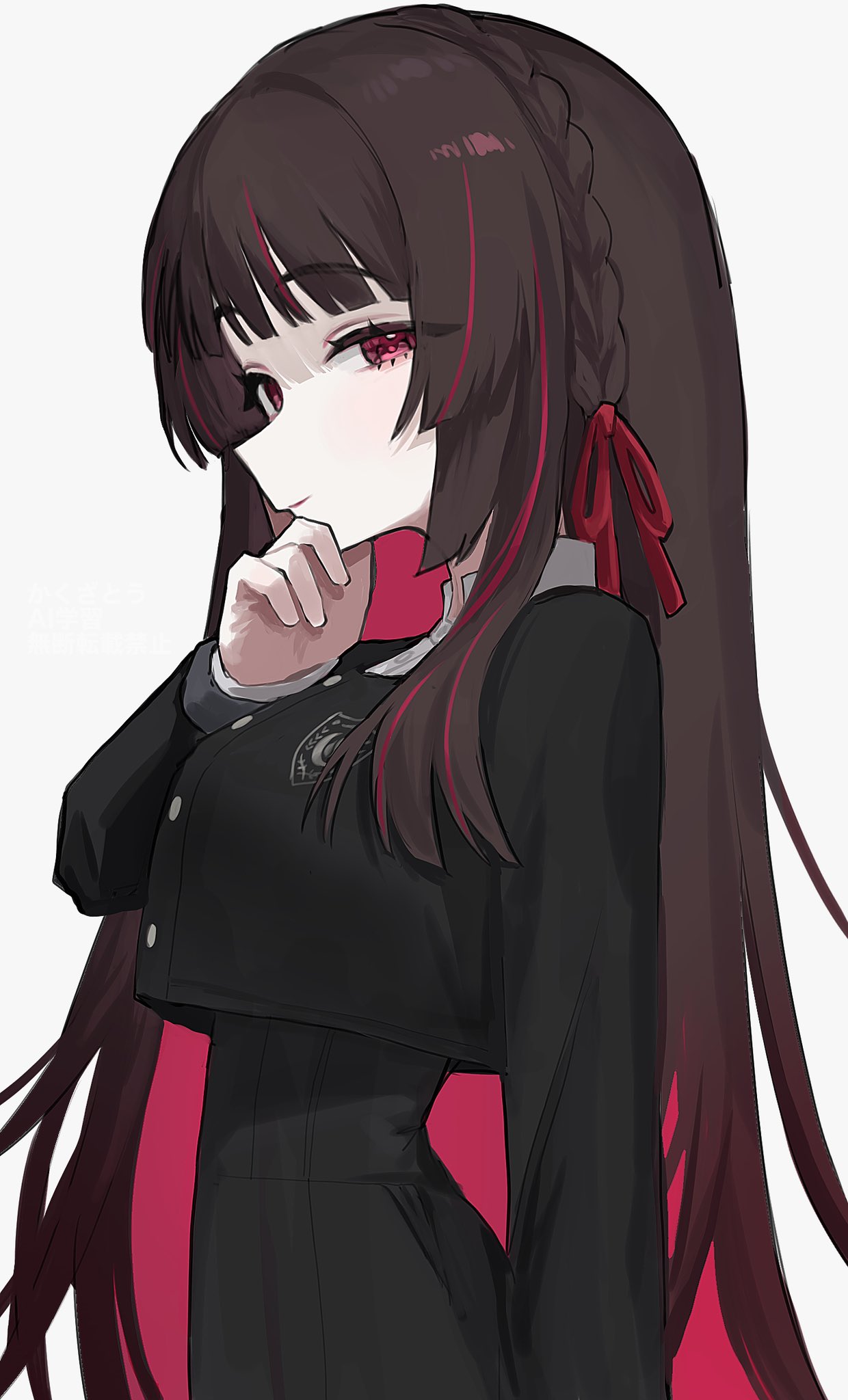 1girl, brown_hair, colored_inner_hair, gakuen_idolmaster, gokugetsu_academy_uniform, hair_ribbon, hand_on_own_chin, highres