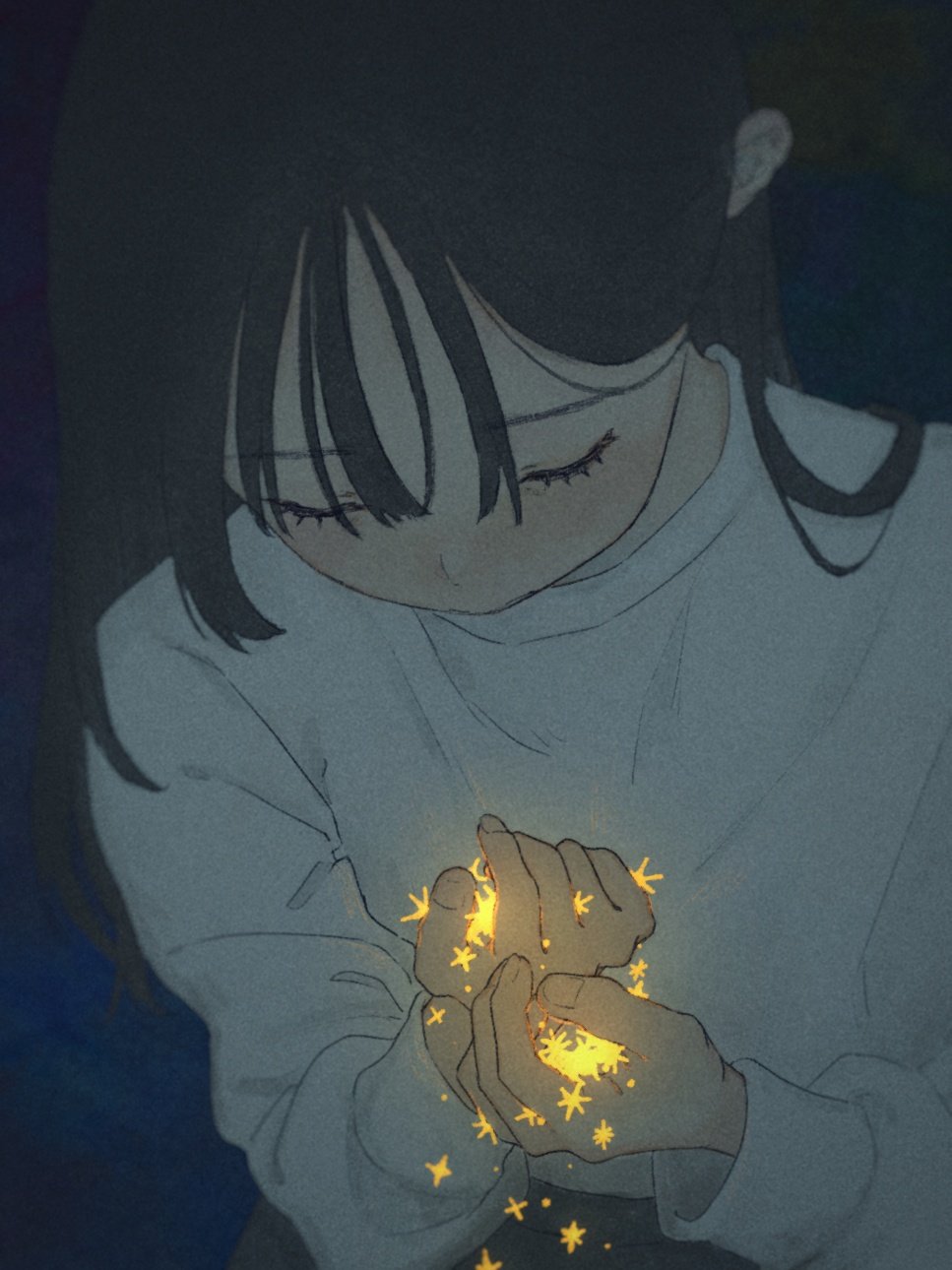 1girl, aaaoka, black_hair, blunt_bangs, closed_eyes, dark, dark_background, glowing, highres, holding, holding_star, long_sleeves, looking_down, original, simple_background, solo, sparkle, star_(symbol), sweater, symbolism, white_sweater