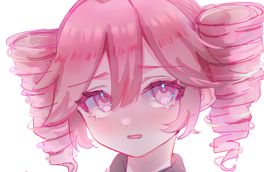 1girl, black_shirt, blush, collared_shirt, double-parted_bangs, drill_hair, h_raj_(pixiv_93311327), hair_between_eyes
