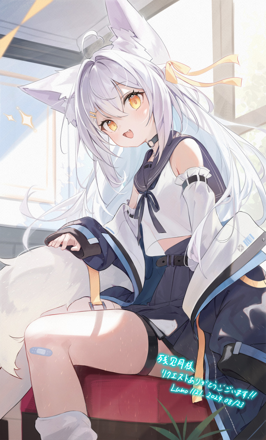 1girl, :3, ahoge, animal_ears, arm_at_side, backlighting, bandaid, bandaid_on_leg