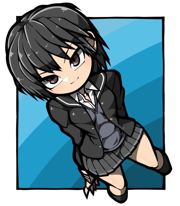 1girl, amagami, black_hair, black_jacket, black_socks, breasts, closed_mouth, collared_shirt