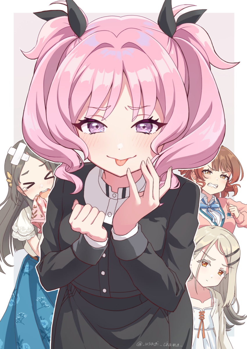 >_<, 4girls, aoi_nadeshiko, bandaid, bandaid_on_head, black_ribbon, blonde_hair, blue_ribbon