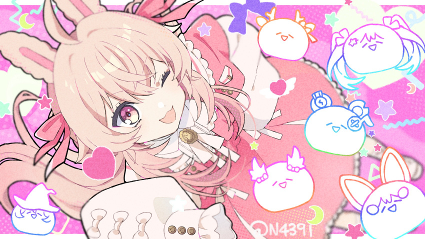 1girl, ahoge, animal_ears, bow, brooch, crescent, dress, hair_ribbon