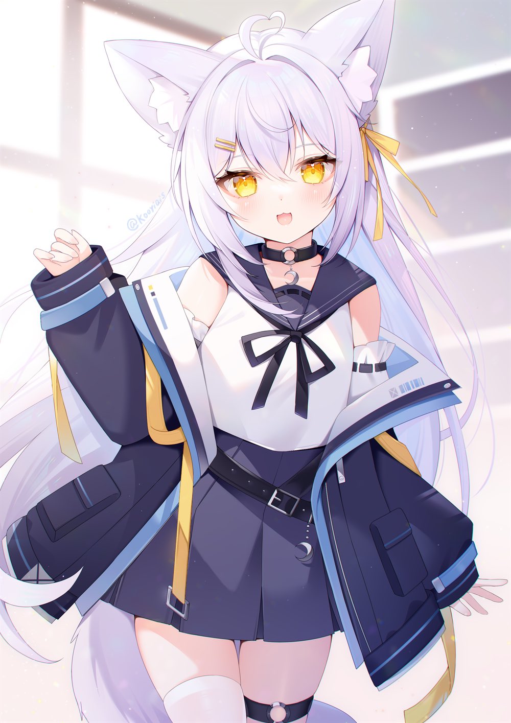 1girl, :3, ahoge, animal_ears, arm_at_side, backlighting, belt, belt_buckle