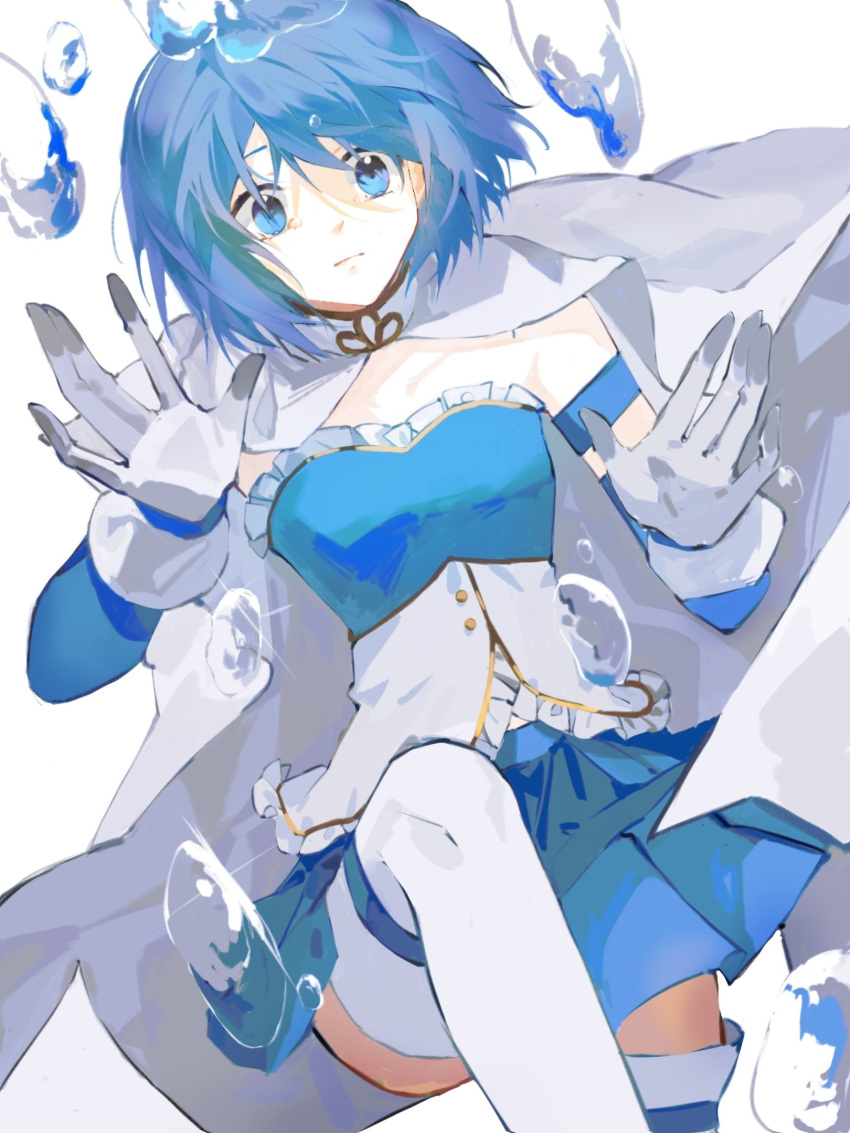 1girl, blue_eyes, blue_hair, blue_skirt, cape, closed_mouth, frills, gloves