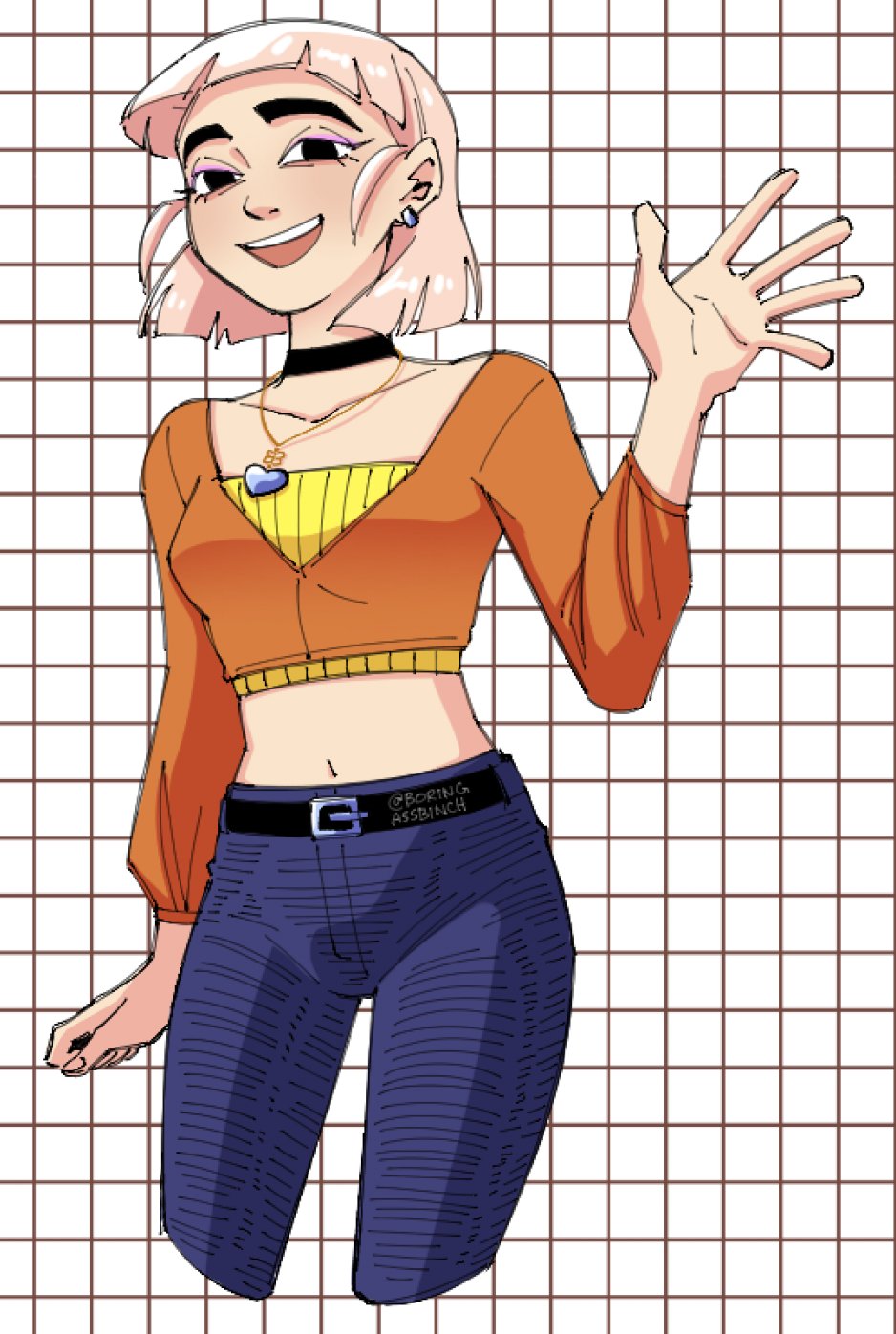 1girl, belt, black_choker, black_eyes, blonde_hair, blunt_bangs, boringa55binch, breasts, choker, crop_top, cropped_legs, cropped_shirt, earrings, eyeshadow, grid_background, half-closed_eyes, highres, jentry_chau, jentry_chau_vs_the_underworld, jewelry, long_sleeves, makeup, medium_breasts, midriff, open_mouth, pants, purple_eyeshadow, short_hair, smile, solo, teeth, upper_teeth_only, waving