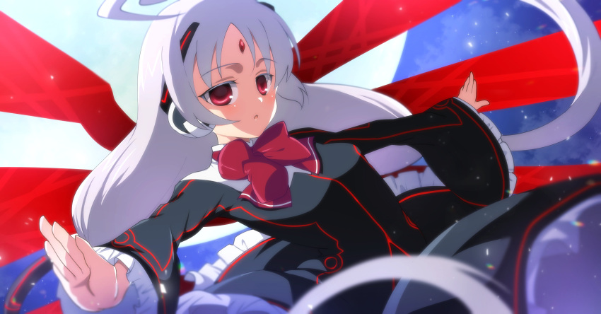 1girl, absurdres, ahoge, bow, dress, forehead_jewel, frilled_dress, frills