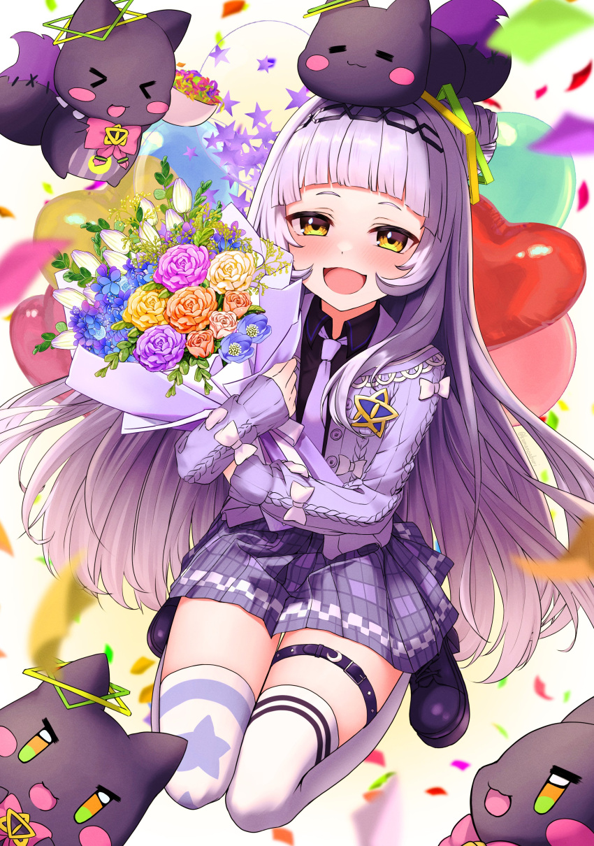 1girl, :d, absurdres, aran_sweater, arched_bangs, asymmetrical_legwear, balloon, black_footwear