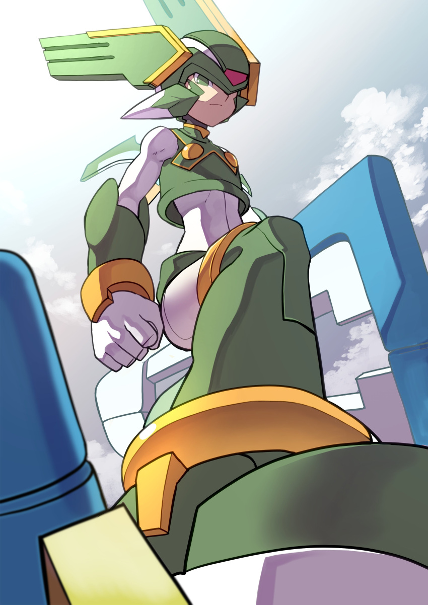 1boy, absurdres, android, armor, aztec_falcon_(mega_man), clenched_hand, facial_mark, forehead_jewel
