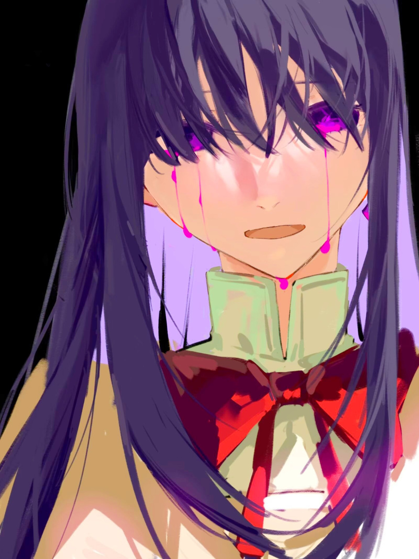 1girl, akemi_homura, alternate_hair_color, black_background, black_hair, bow, colored_inner_hair, crying