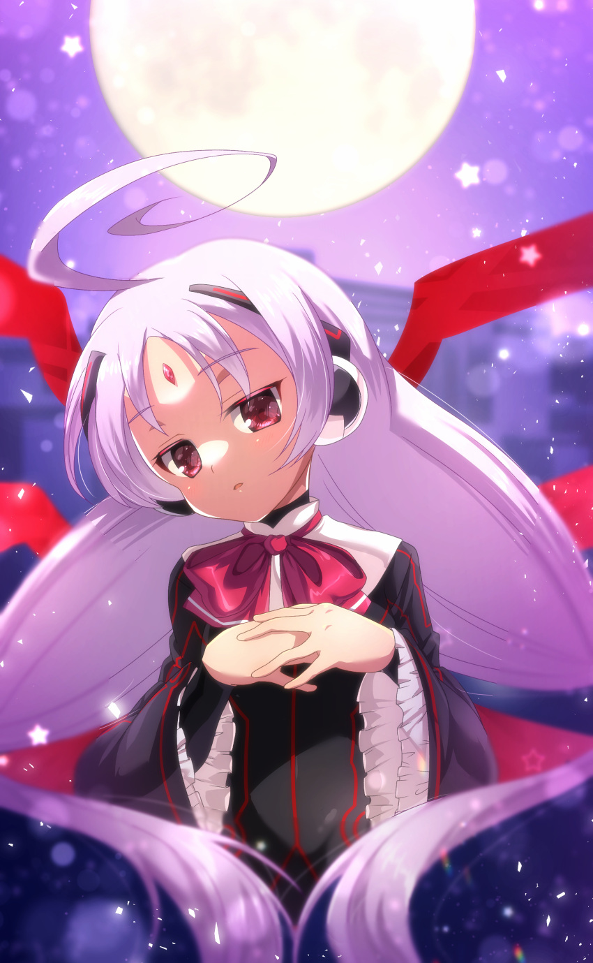 1girl, absurdres, ahoge, bow, dress, forehead_jewel, frilled_dress, frills