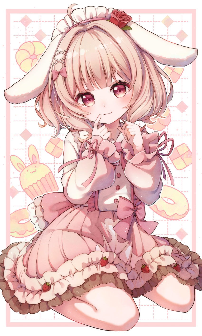 1girl, absurdres, ahoge, animal-themed_food, animal_ears, bare_legs, blonde_hair, blunt_bangs