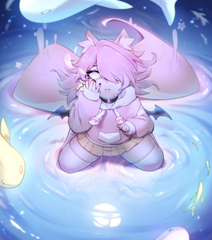 1girl, afloat, animal_ear_fluff, animal_ears, black_nails, collar, cross, cross_earrings