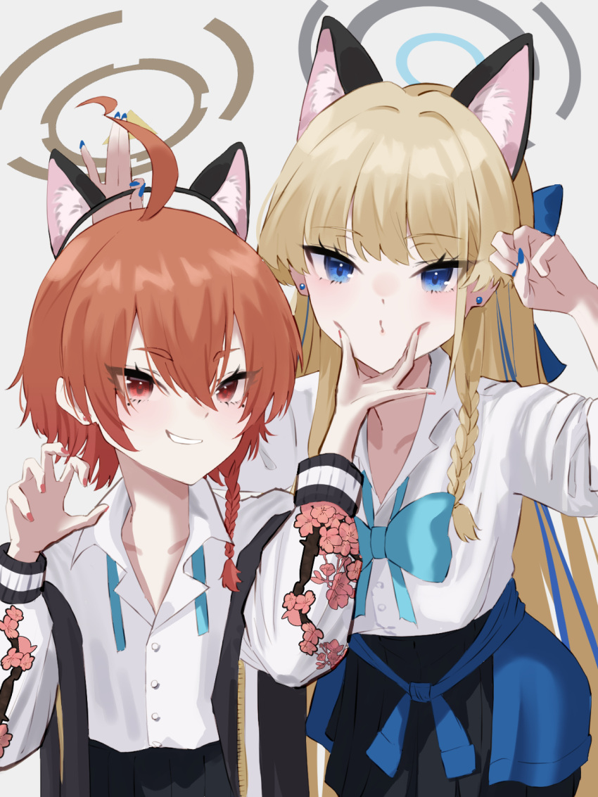 2girls, animal_ear_fluff, animal_ear_hairband, animal_ears, black_skirt, blonde_hair, blue_archive, blue_cardigan, blue_eyes, blue_nails, blue_ribbon, braid, cardigan, cat_ear_hairband, cat_ears, cheek_squash, clothes_around_waist, earrings, fake_animal_ears, floral_print, hair_between_eyes, hairband, highres, holding_hairband, jacket, jacket_around_waist, jewelry, kamiyamatokino, long_hair, medium_hair, multiple_girls, neru_(blue_archive), paw_pose, red_eyes, red_nails, redhead, ribbon, shirt, sidelocks, skirt, sukajan, toki_(blue_archive), white_jacket, white_shirt