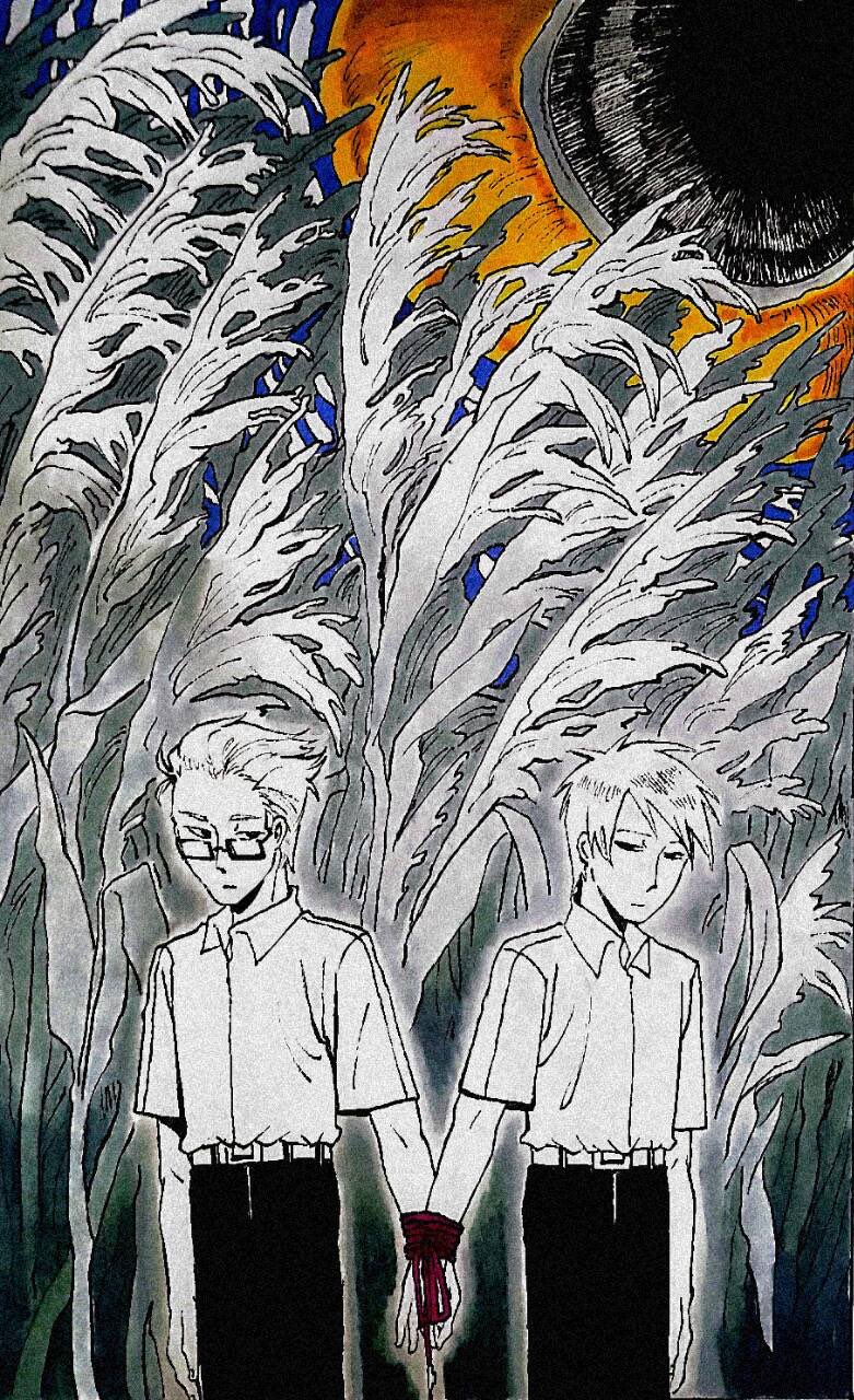 2boys, akagi:_yami_ni_oritatta_tensai, akagi_shigeru, belt, black_sun, blue_sky, bound, bound_wrists, chinese_commentary, collared_shirt, commentary_request, fukumoto_mahjong, glasses, greyscale_with_colored_background, highres, hirayama_yukio, male_focus, multiple_boys, nanji_yuan_zhumin, pants, shirt, shirt_tucked_in, short_hair, sky, sun, wheat