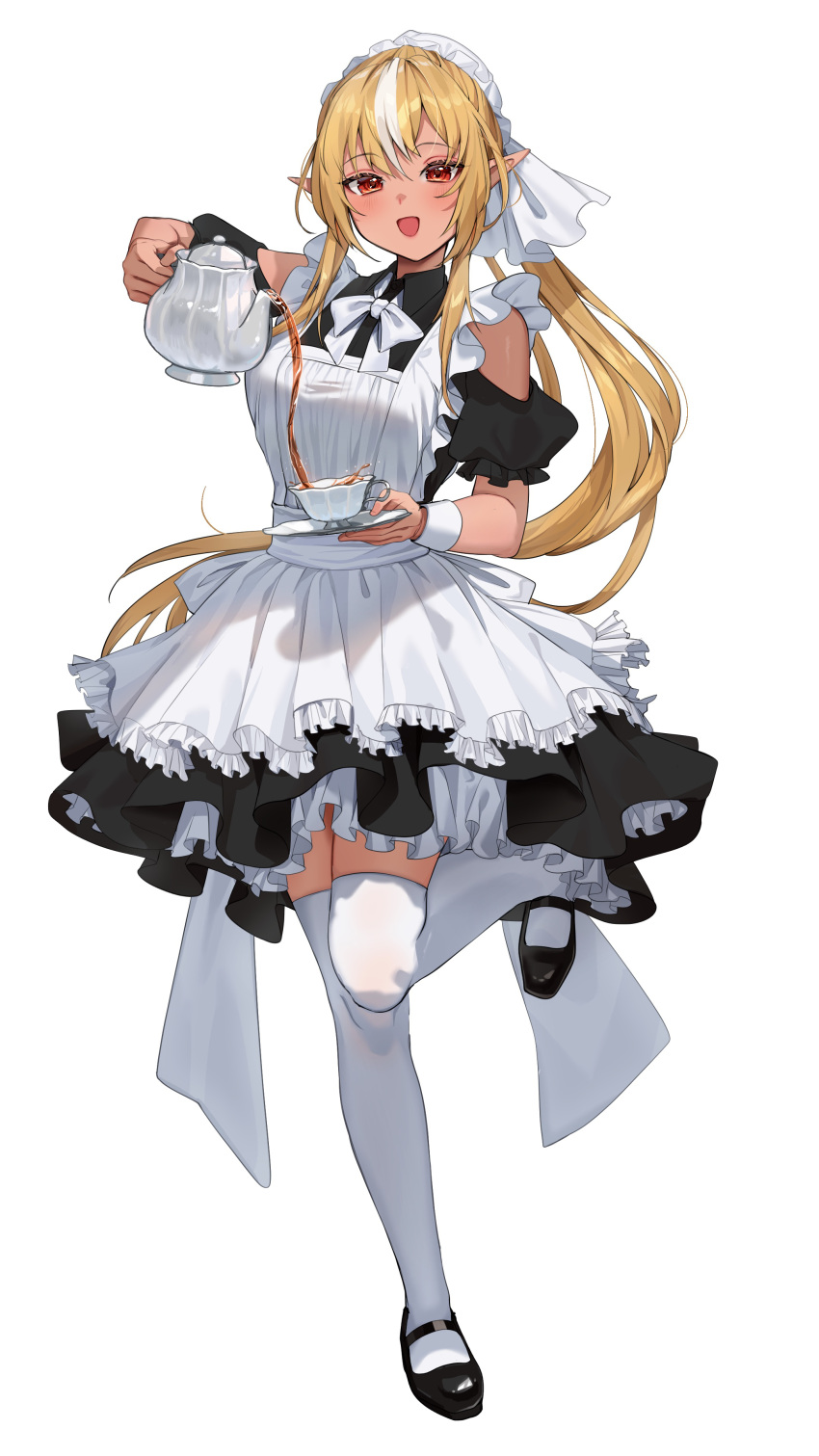 1girl, absurdres, alternate_costume, apron, black_dress, blonde_hair, blush, bonnet, bow, bowtie, cup, dark-skinned_female, dark_skin, dress, elf, enmaided, eyelashes, frilled_bonnet, frills, full_body, hair_bow, high_ponytail, highres, holding, holding_saucer, hololive, long_hair, looking_at_viewer, maid, monokawa_(iurl1z), multicolored_hair, open_mouth, pointy_ears, ponytail, pouring, red_eyes, saucer, shiranui_flare, sidelocks, smile, solo, standing, standing_on_one_leg, streaked_hair, teacup, teapot, thigh-highs, virtual_youtuber, white_apron, white_background, white_bonnet, white_bow, white_bowtie, white_hair, white_thighhighs