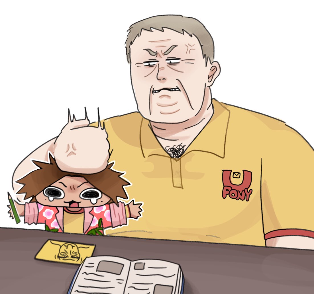 2boys, anger_vein, angry, black_eyes, bonk, book, brown_hair, chest_hair