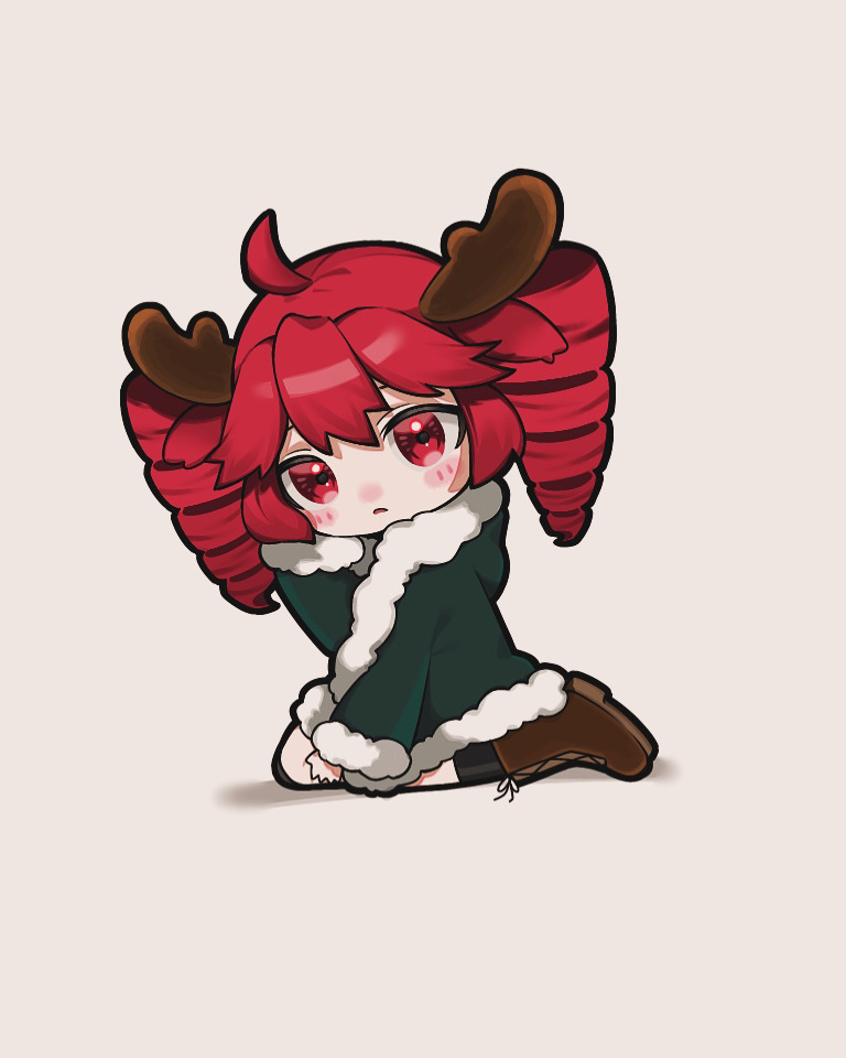 1girl, ahoge, antlers, black_skirt, blush, boots, cape, chibi