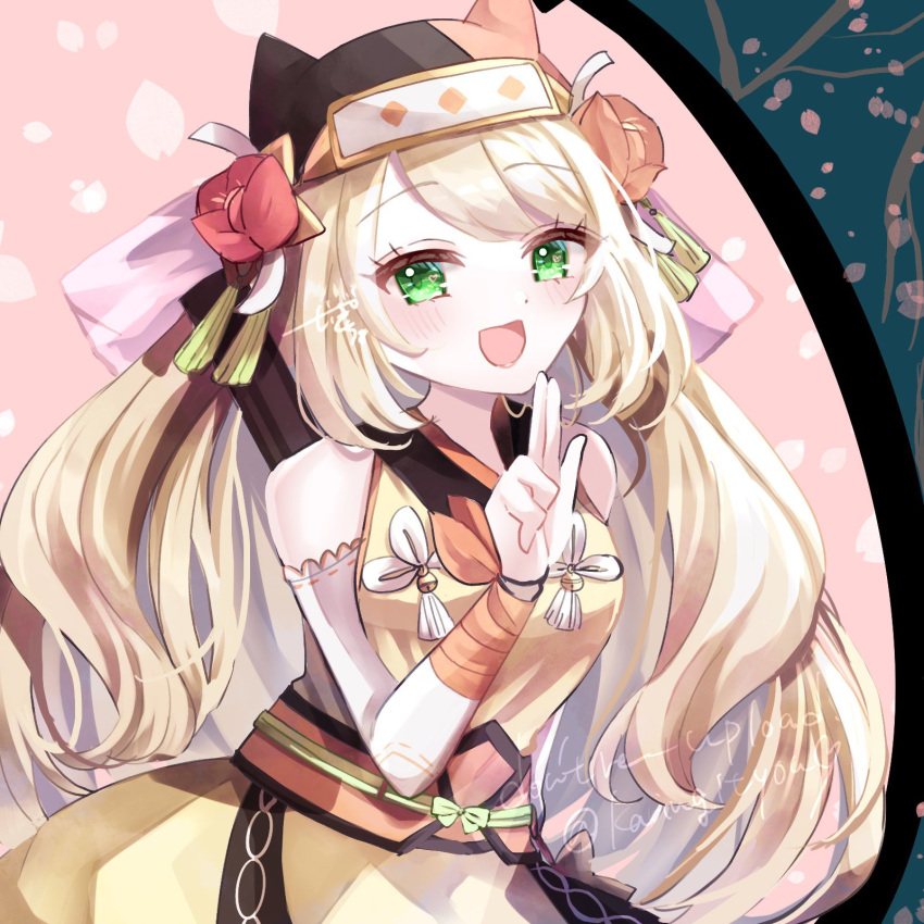 1girl, :d, bandana, bare_shoulders, blonde_hair, celine_(fire_emblem), celine_(ninja)_(fire_emblem), detached_sleeves, fire_emblem, fire_emblem_engage, fire_emblem_heroes, highres, karingityou, kuji-in, long_hair, looking_at_viewer, ninja, official_alternate_costume, open_mouth, smile, solo, very_long_hair