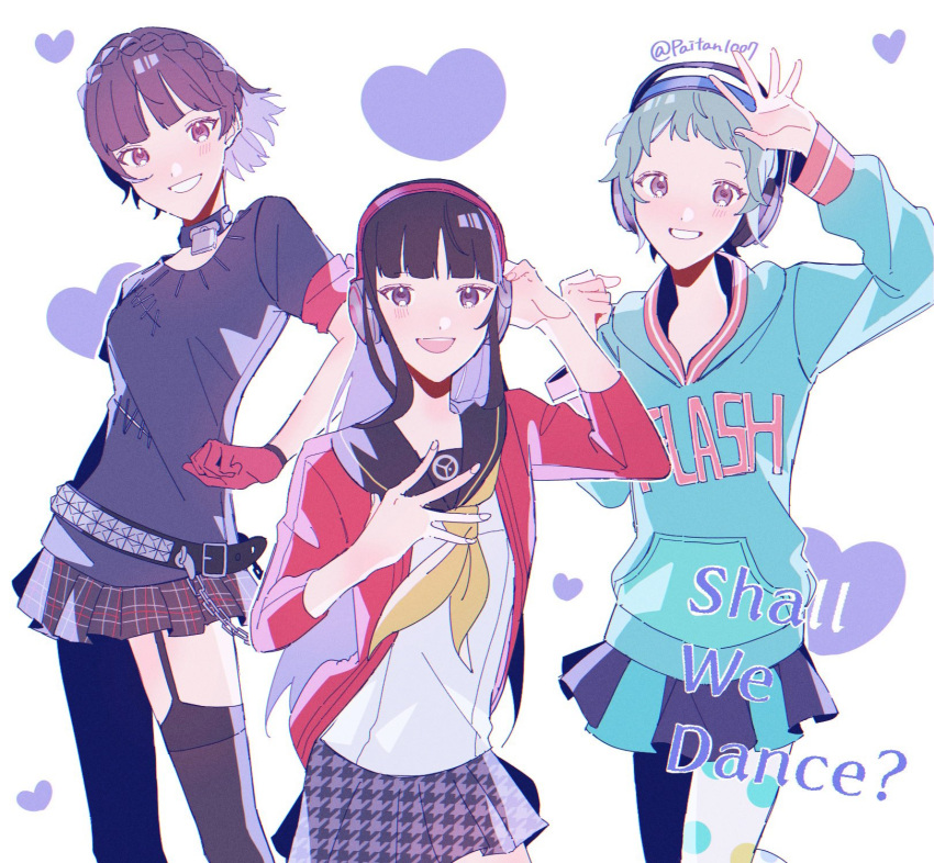 3girls, amagi_yukiko, aqua_hair, arm_up, belt, belt_buckle, black_choker, black_hair