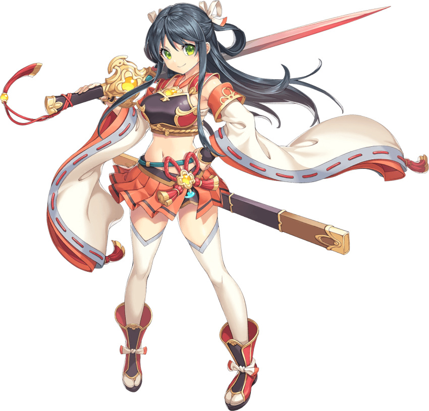 1girl, artist_request, black_hair, breasts, full_body, green_eyes, hair_ornament, highres