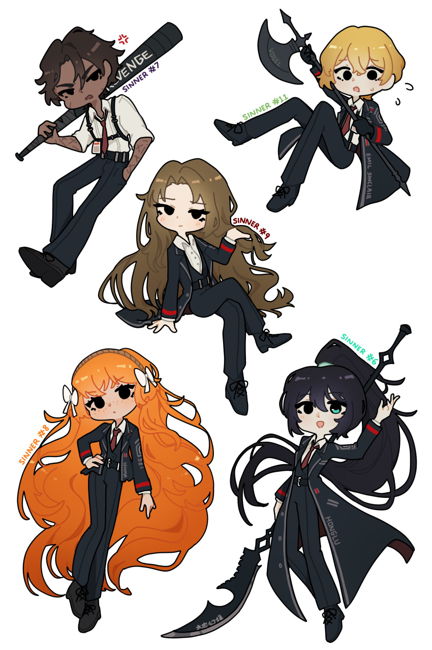 2girls, 3boys, :d, absurdres, anger_vein, arm_at_side, arm_up, belt