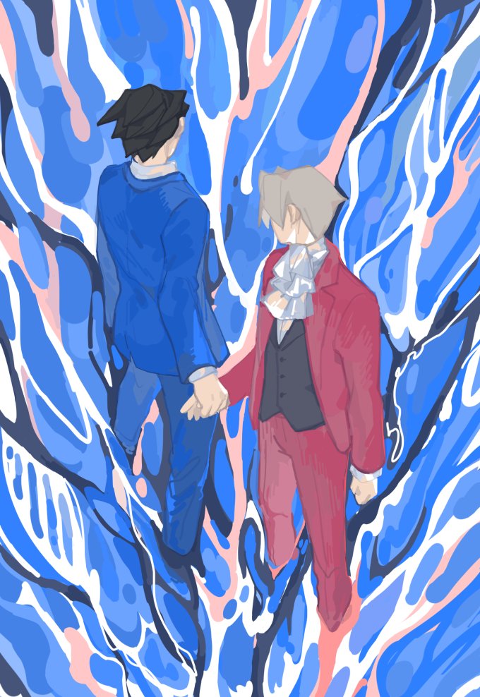 2boys, ace_attorney, ascot, black_hair, black_vest, blue_jacket, blue_pants, blue_suit
